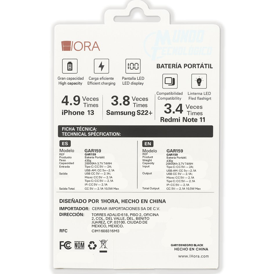 Powerbank 1HORA 20000mAh 10.5W MAX