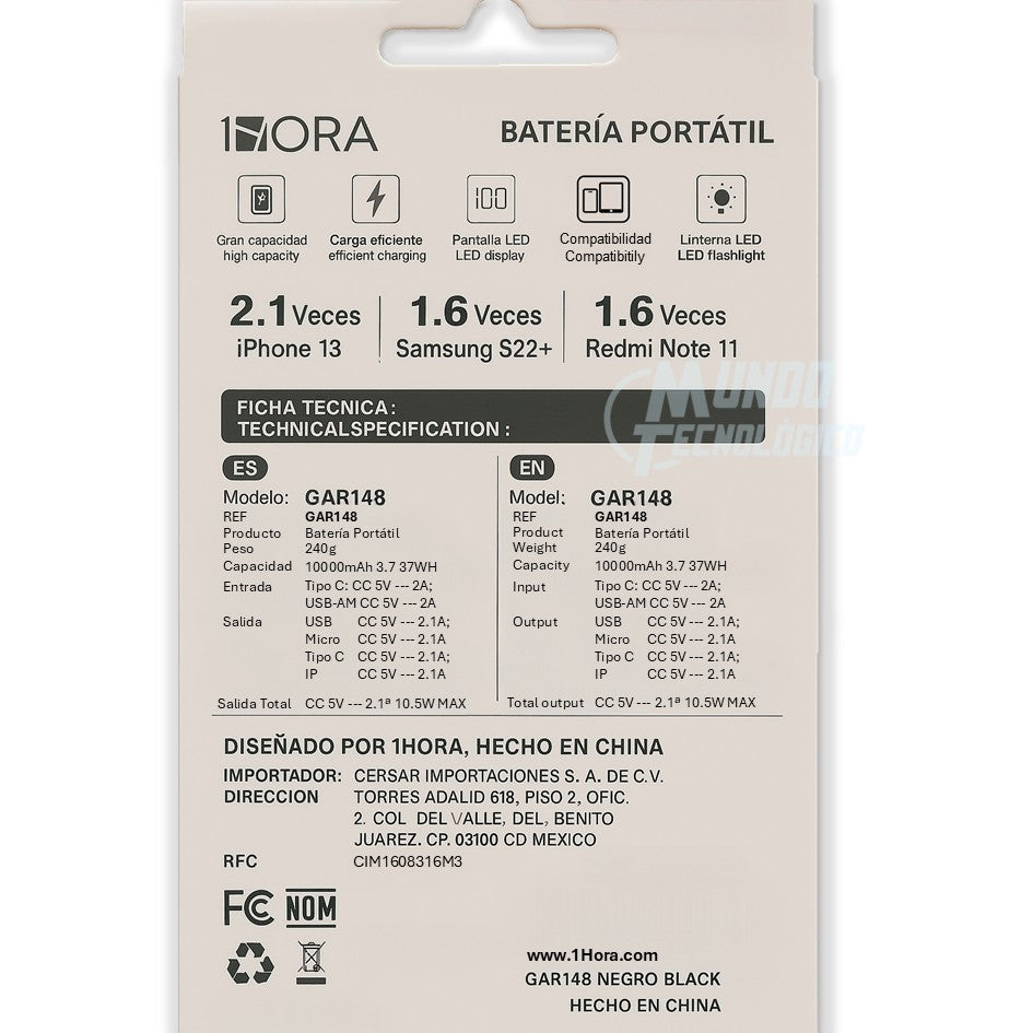 Powerbank 1HORA 10000mAh Gar148